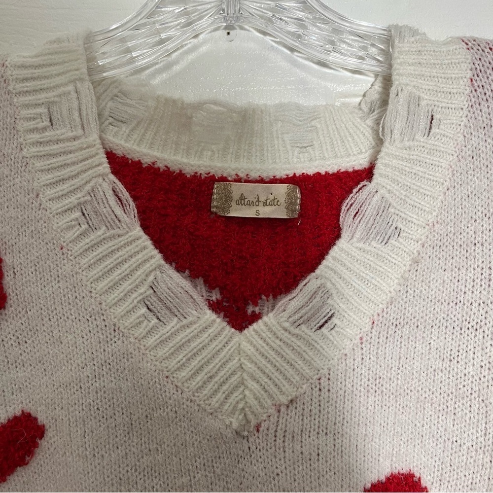 ALTAR’D STATE Cherry Print White V-Neck Distressed Sherpa Sweater | size small - Picture 2 of 10